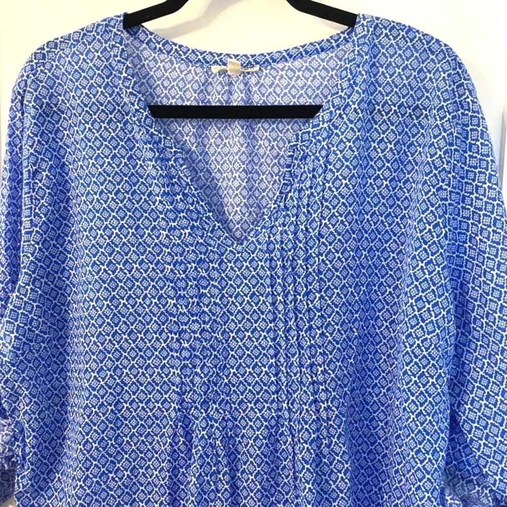 Hester & Orchard XL Blue White Geometric Cotton Roll Tab Pintuck Blouse Boho - Picture 2 of 15
